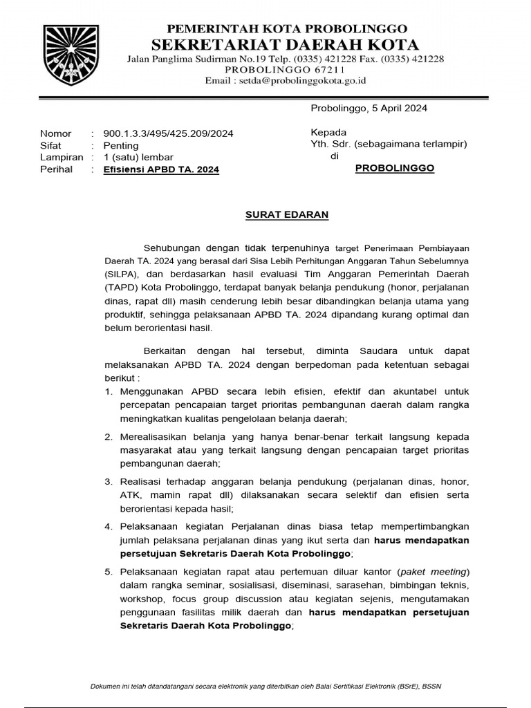 Surat Edaran Efisiensi APBD 2024 | PDF