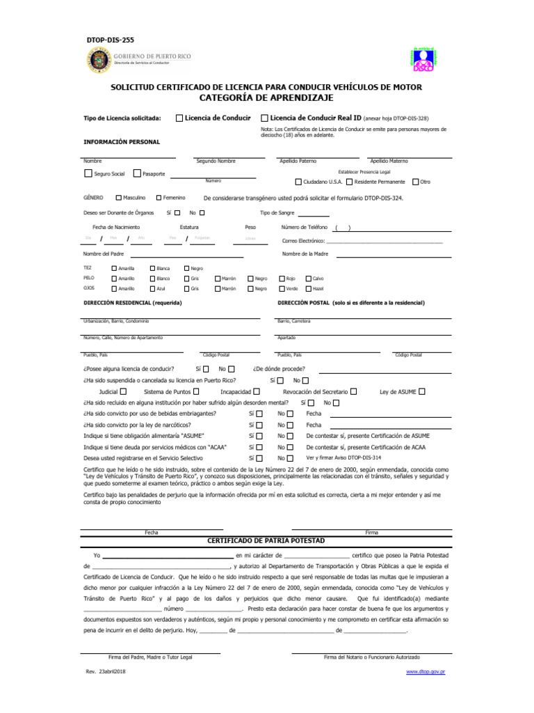 Solicitud de Licencia de Aprendizaje DTOP-DIS-255 | PDF | Licencia de ...