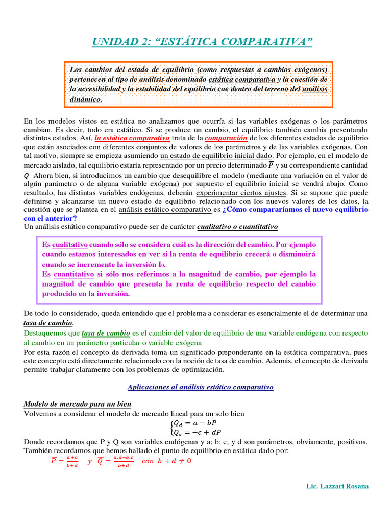Unidad 2 Estática Comparativa 2021 PDF Equilibrio económico Precios
