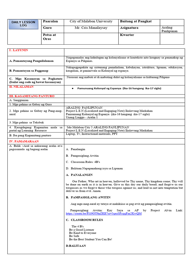 Banghay Aralin Sa AP Template PDF