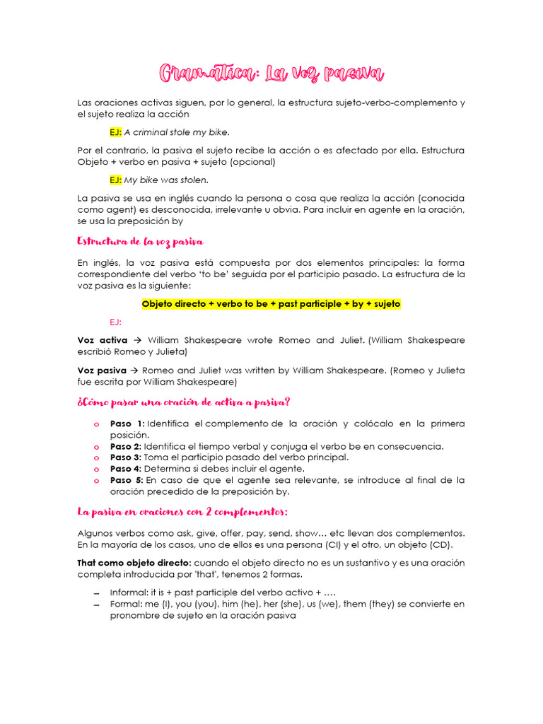 Estructura y uso de la voz pasiva | PDF | Verbo | Asunto (gramática)