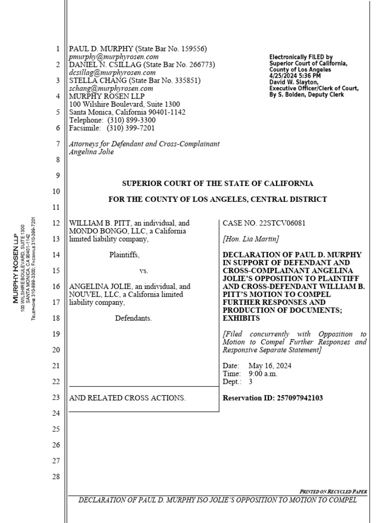 Declaration of Paul D. Murphy Iso Jolie'S Opposition To Motion To ...
