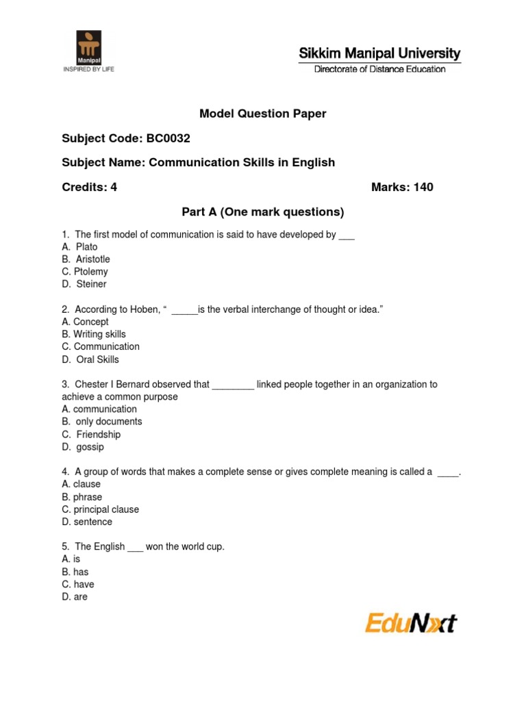 Communication Skills Model Question Paper | PDF | Subject (Grammar) | Verb