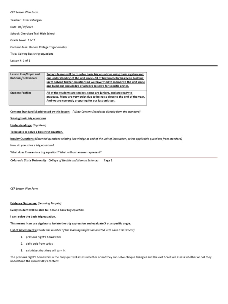 Cep lesson plan solving trig equations pdf lesson plan teachers