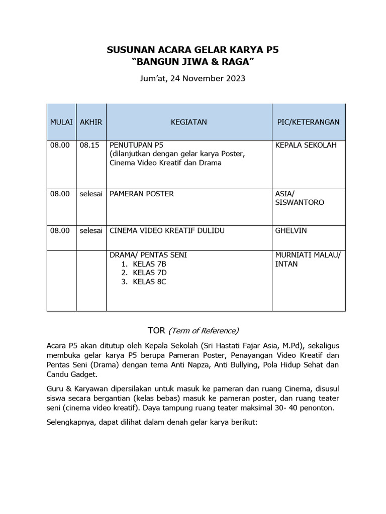 Susunan Acara Gelar Karya P5 2023 | PDF