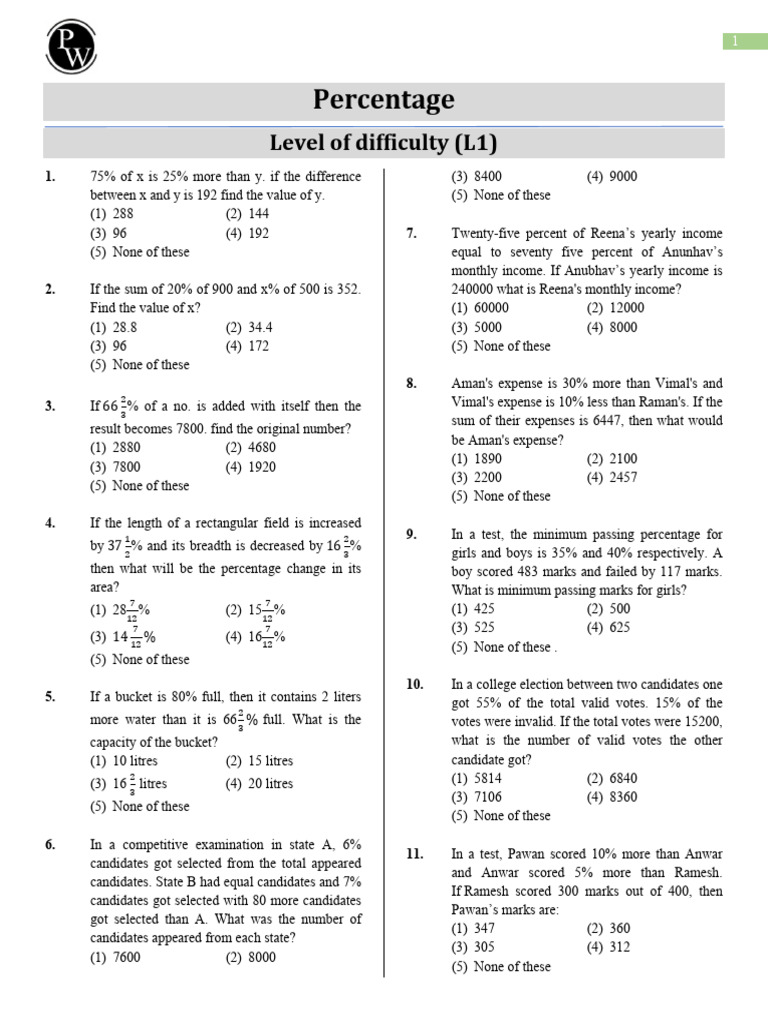 Percentage Problems and Solutions | PDF | Mathematics
