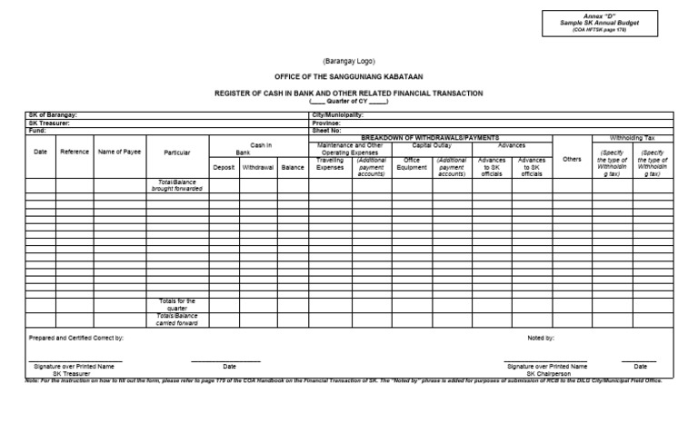 3.6 SK MC ANNEX D Sample Register of Cash in Bank RCB and Other Related ...