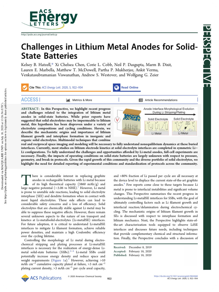 Hatzell Et Al - 2020 - Challenges in Lithium Metal Anodes For Solid ...