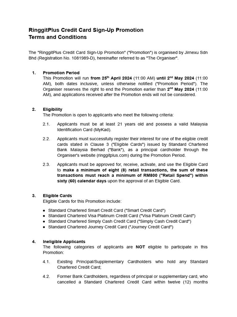 Ringgitplus Credit Card Sign-Up Promotion Terms and Conditions | PDF ...