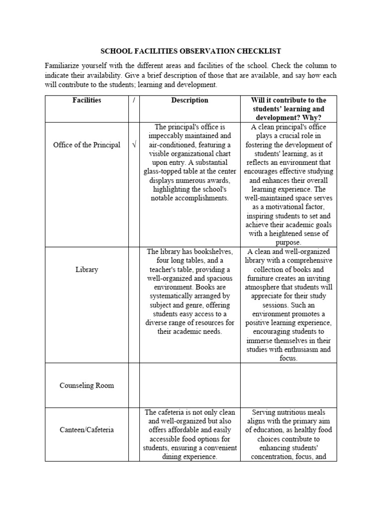 School Facilities Overview Checklist | PDF | Laboratories | Learning
