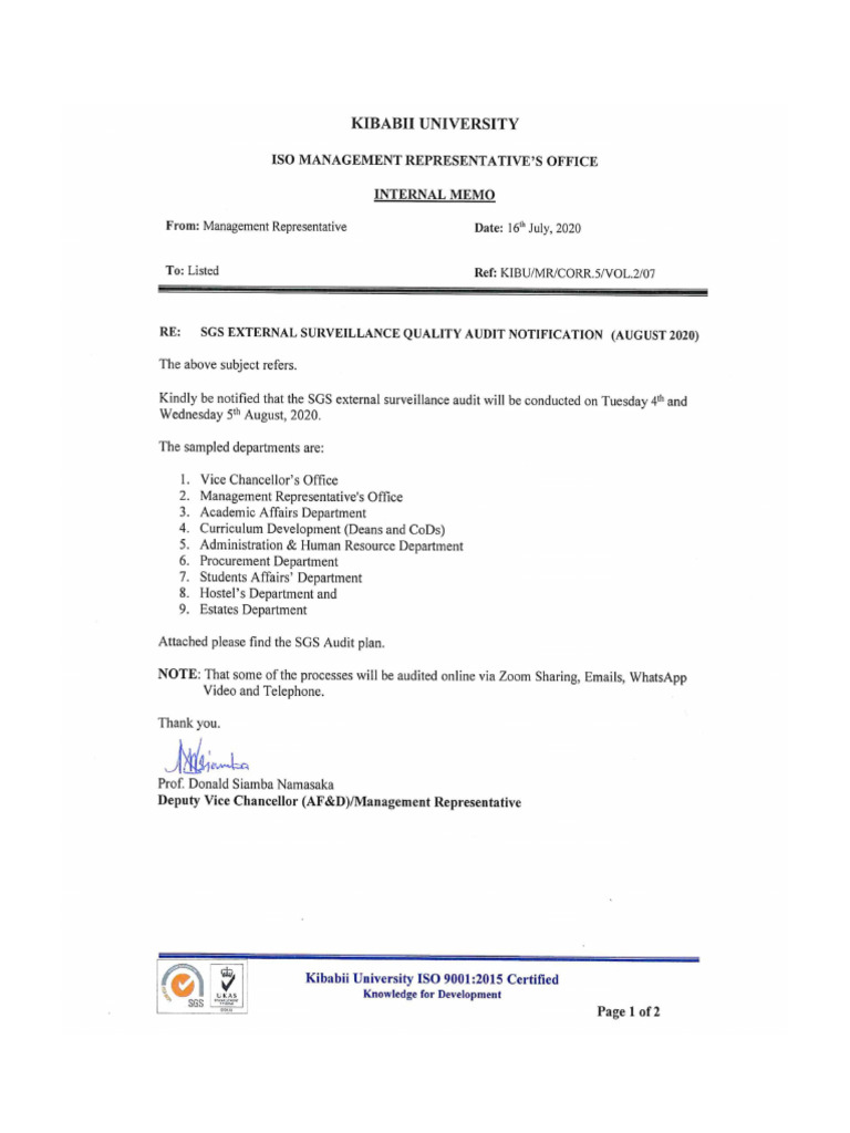 SGS External Surveillance Quality Audit Notification | PDF
