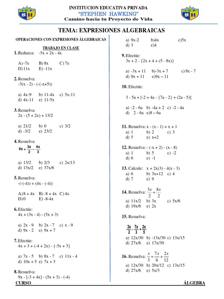 Operaciones con Expresiones Algebraicas | PDF | Métodos y materiales de ...