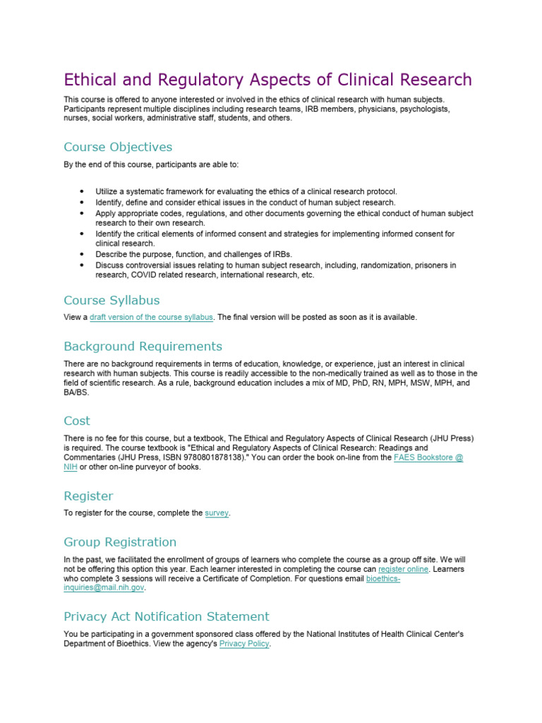 Ethical Aspects of Clinical Research Course | PDF | Institutional ...