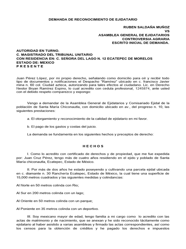 Demanda De Reconocimiento De Ejidatario Pdf Justicia Crimen Y