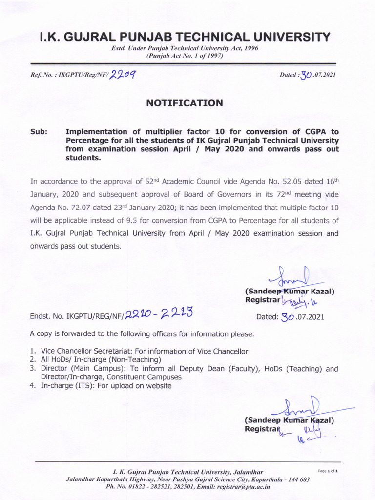 Factor 10 cgpa to percentage for all the students of ikgptu session