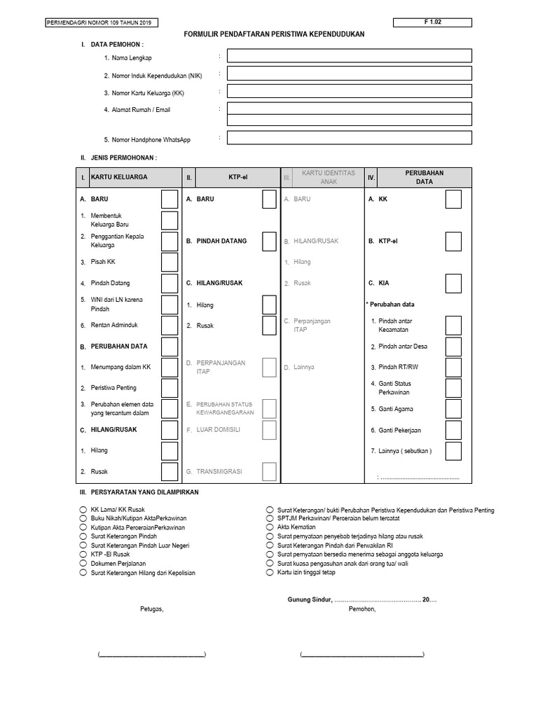 Contoh Formulir F1.02 Pendaftaran Kependudukan | PDF