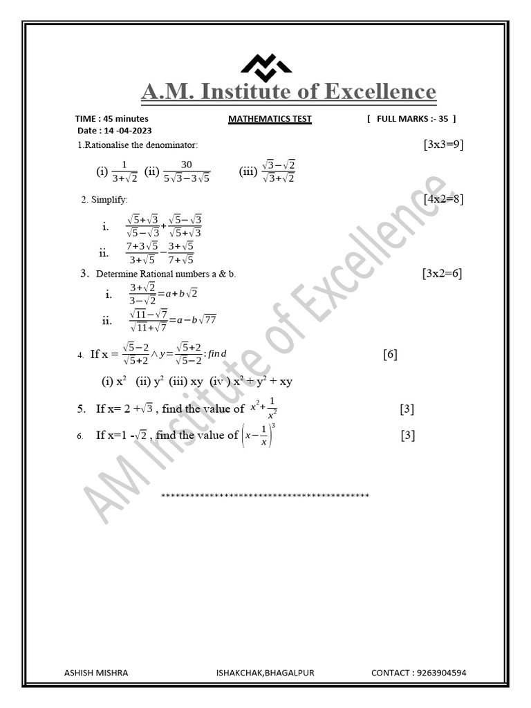 Class 9th cbse rational number test pdf