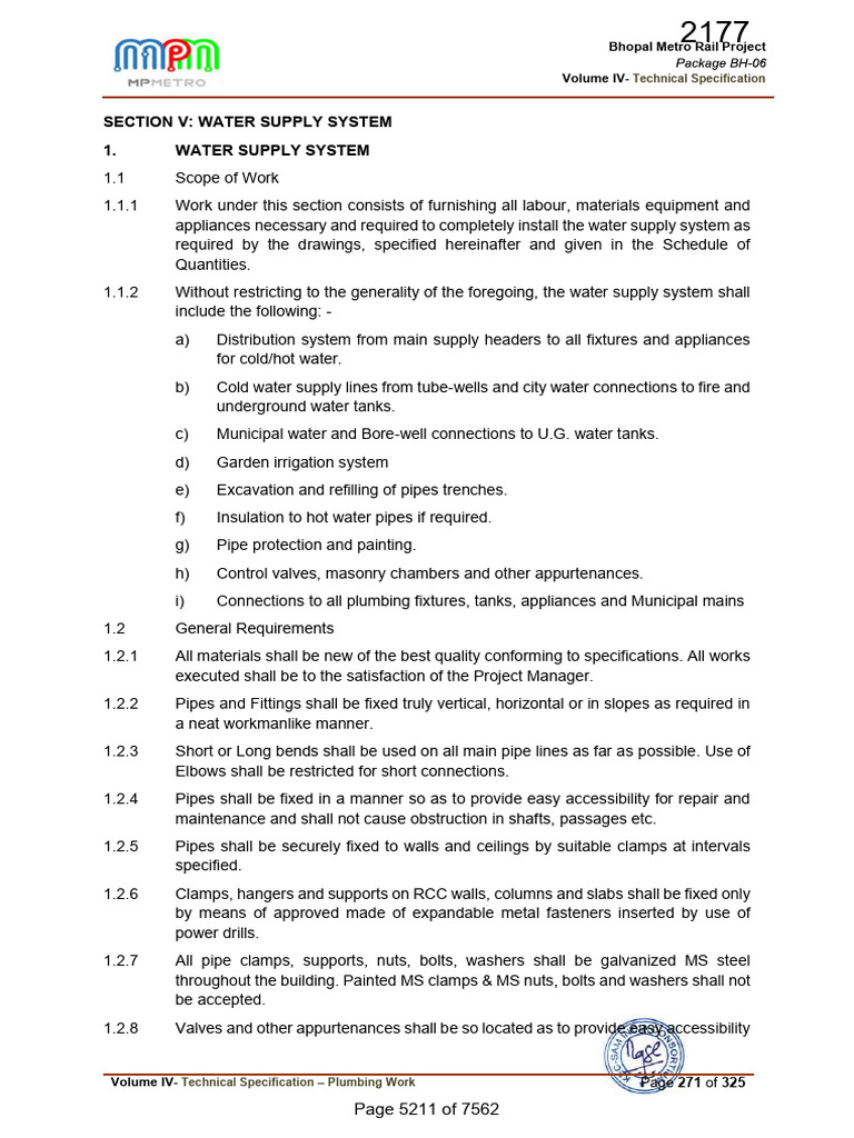 Bhopal Metro Water Supply System Specs | PDF | Pipe (Fluid Conveyance ...