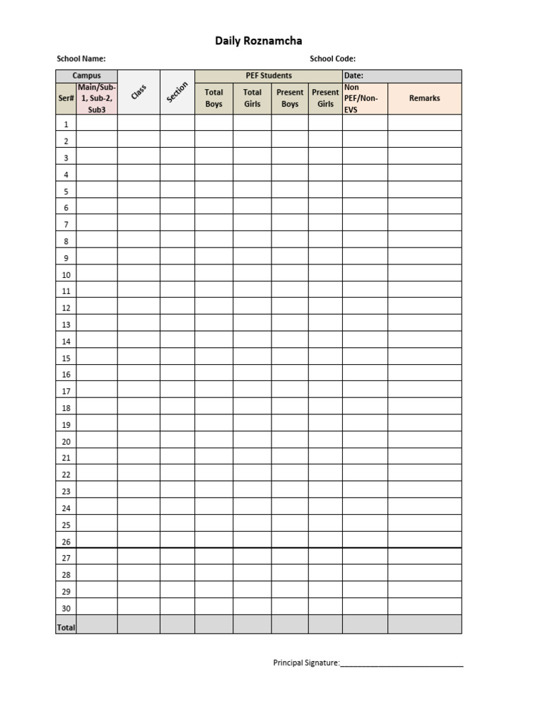 Daily Roznamcha Format for Schools | PDF