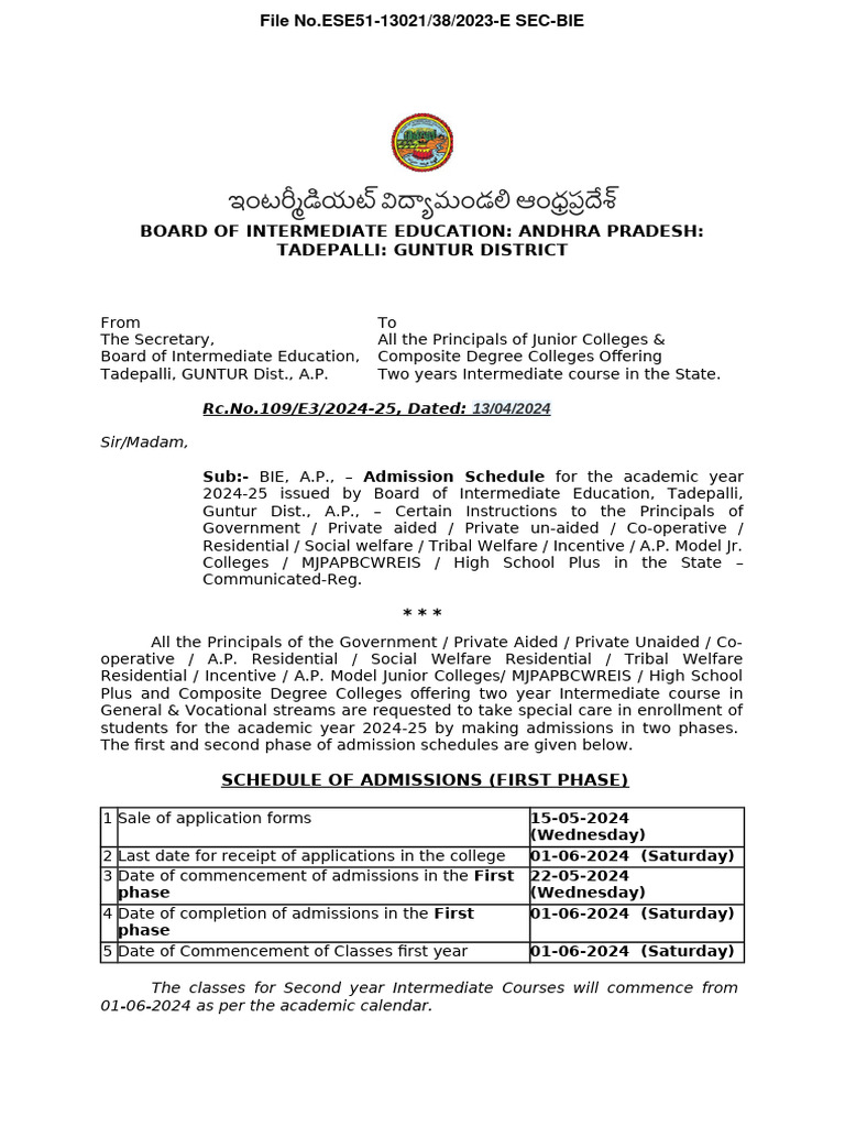 Circular Admissions Schedule 202425 13 04 2024 PDF
