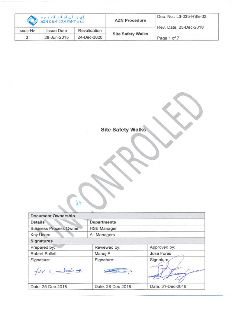 Site Safety Walk Procedures | PDF | Safety | Occupational Safety And Health