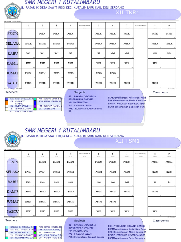 Jadwal Pelajaran SMK Negeri 1 Kutalimbaru | PDF
