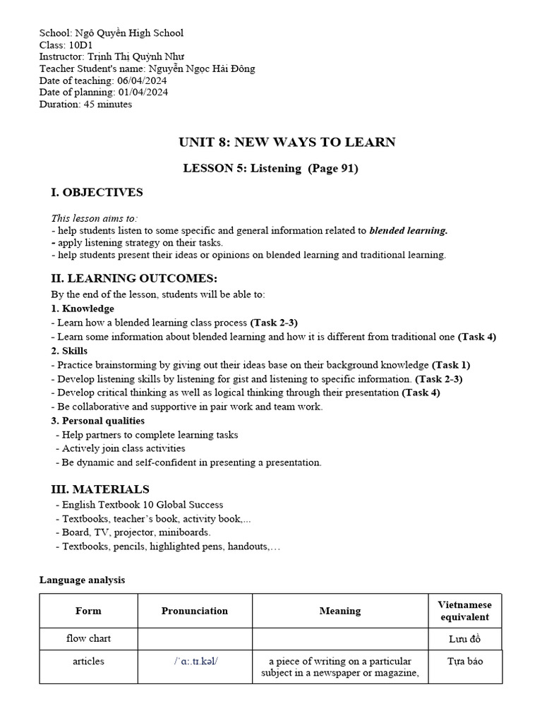 Blended Learning Listening Lesson Plan | PDF | Teachers | Cognition