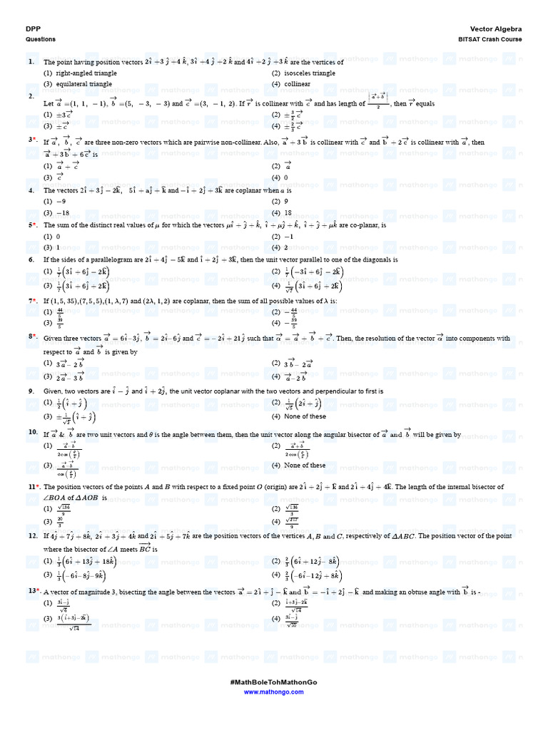 Question DPP Vector Algebra BITSAT Crash Course MathonGo PDF Angle