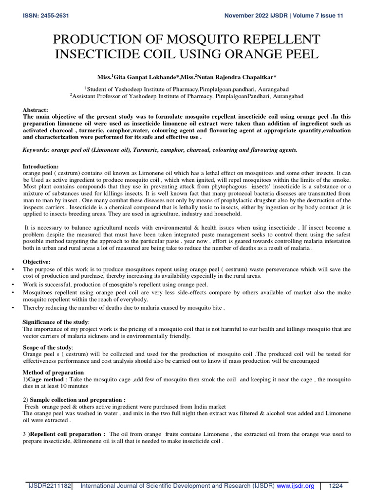 Mosquito Repellent by Orange Peels PDF Insecticide Malaria