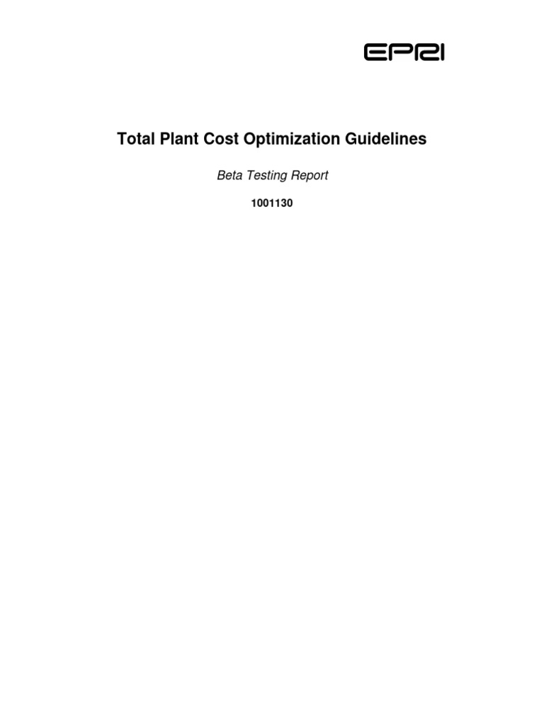 Total Plant Cost Optimization Guidelines - Beta Testing Report | PDF ...