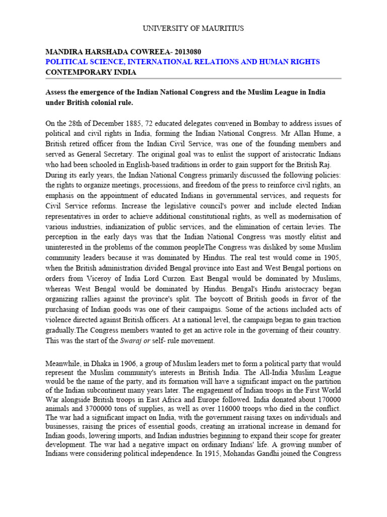 Emergence of Indian National Congress & Muslim League | PDF | All India ...