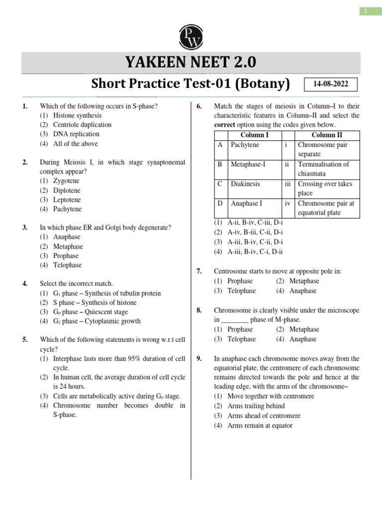 NEET Botany Practice Test 01 | PDF | Meiosis | Biology