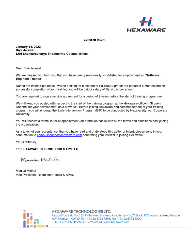 Hexaware Software Engineer Trainee Offer | PDF | Career & Growth