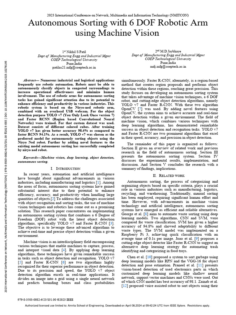 Autonomous sorting with 6 dof robotic arm using machine vision pdf