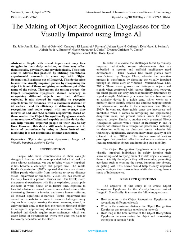 Object Recognition Glasses for the Visually Impaired | PDF | Visual ...