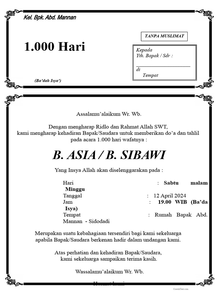 Undangan Tahlil 1 Tahun (Mendak Pertama) - Contohtext | PDF