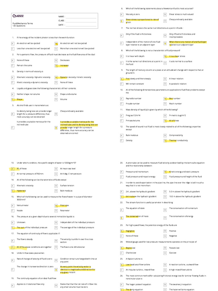 Fluid Mechanics Quiz: 125 Questions | PDF | Fluid Dynamics | Viscosity