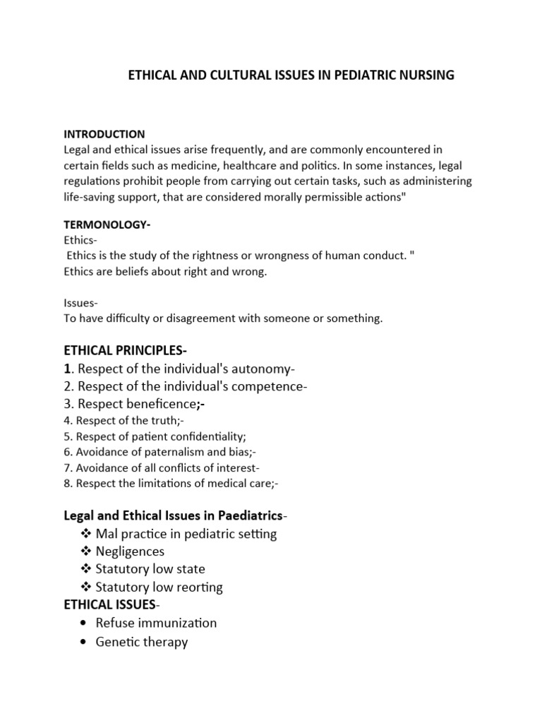 ETHICAL AND CULTURAL ISSUES IN PEDIATRIC Hand Out | PDF