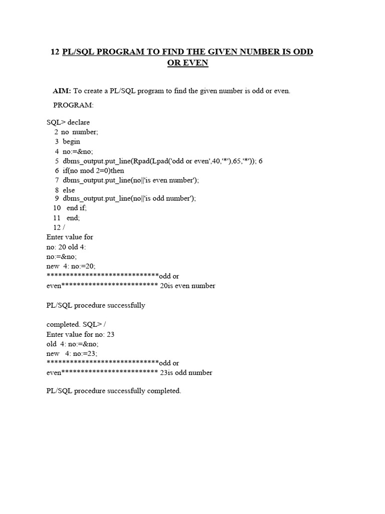 PL/SQL Odd or Even Checker | PDF | Computers