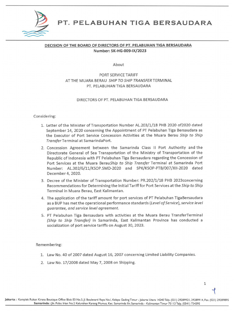 Letter Statement of Stevedoring Tariff | PDF