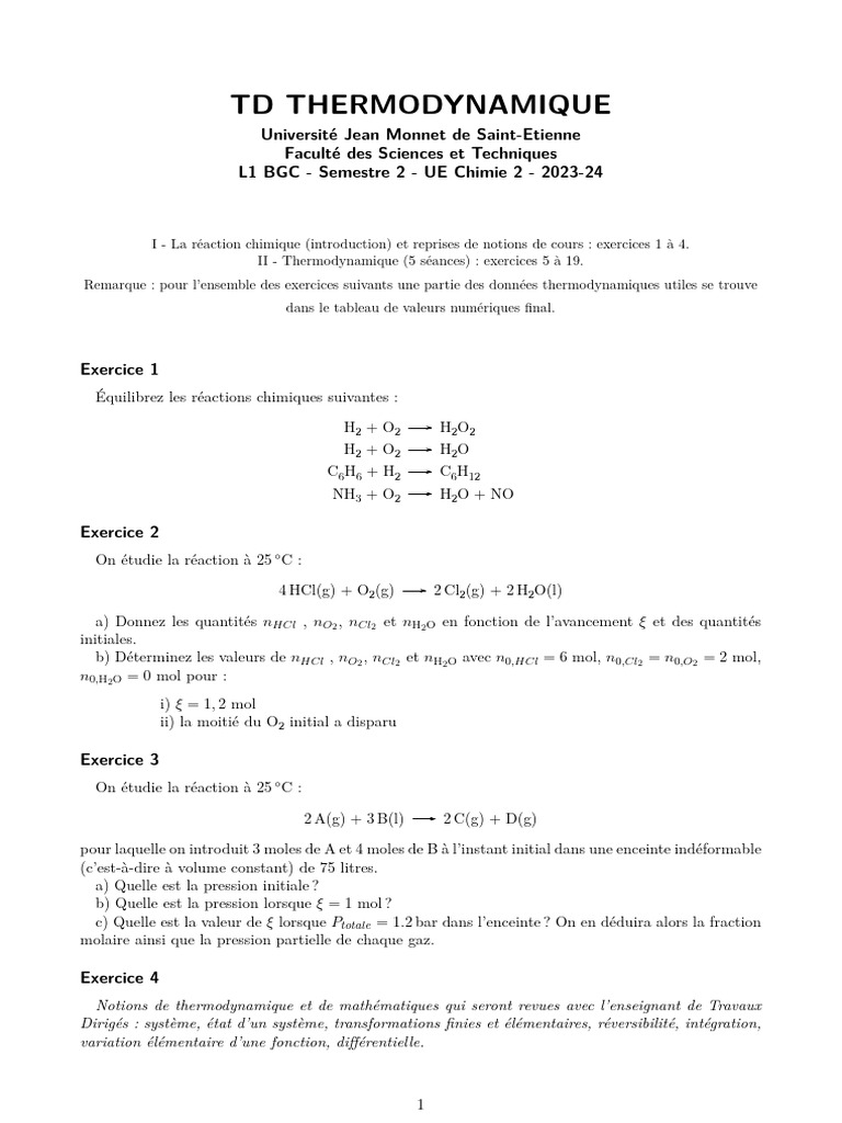 Exercices de Thermodynamique L1 BGC 2023-24 | PDF | Chaleur | Équilibre ...