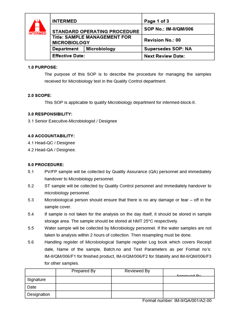 Microbiology Sample Management SOP | PDF | Quality Assurance | Quality