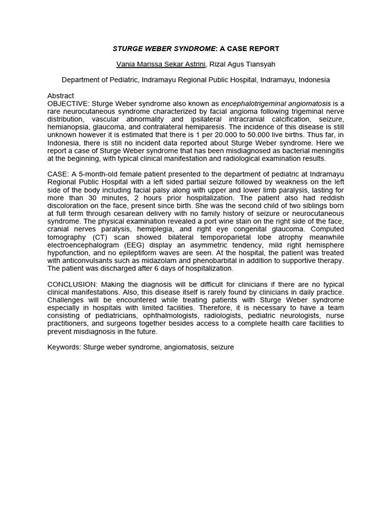 Sturge Weber Syndrome Case Report | PDF | Neuroscience | Causes Of Death