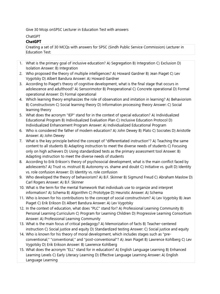 Chat Gpt Generated Mcqs Pdf Constructivism Philosophy Of Education
