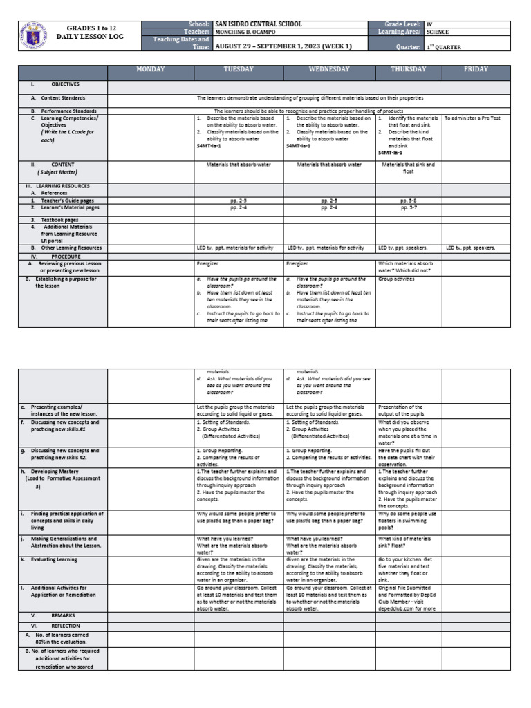 DLL - Science 4 - Q1 - W1 | PDF | Teachers | Learning