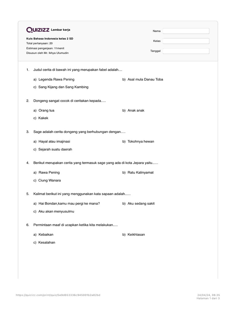 Kuis Bahasa Indonesia Kelas 2 Sd Sekolah Dasar Pdf