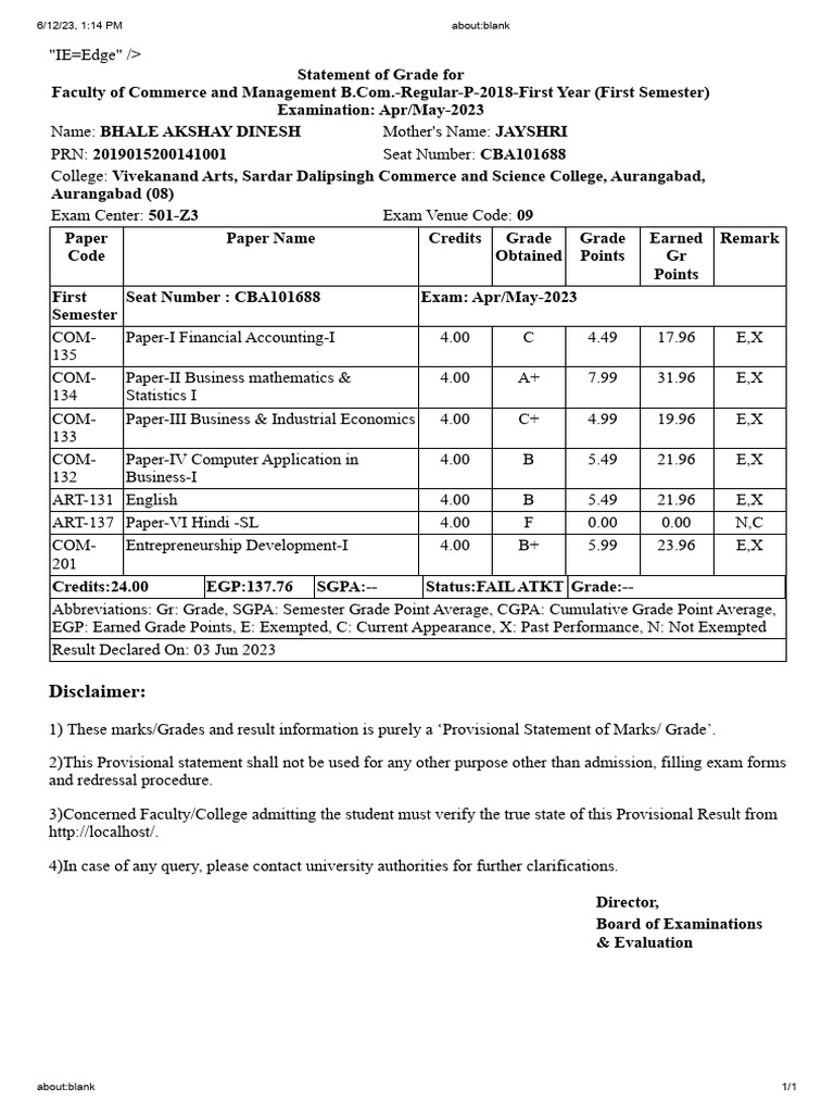 B.Com First Semester Grade Statement | PDF | Educational Stages ...
