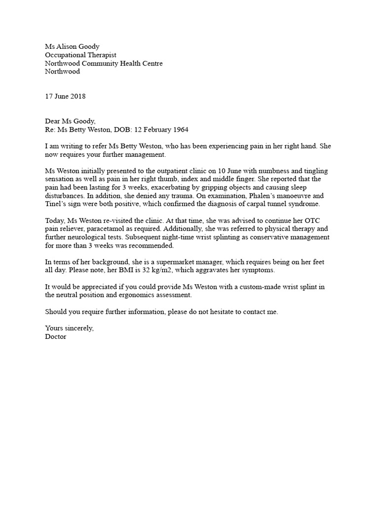 12) Occupational Therapist Referral, Ms Betty Weston | PDF | Self ...