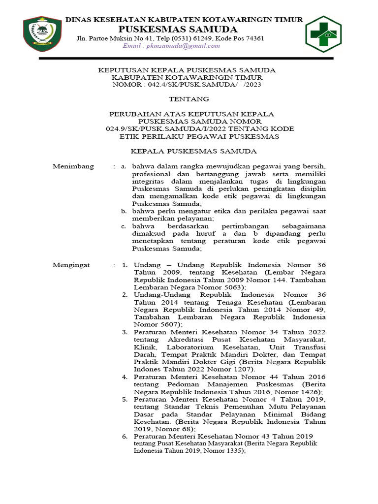 Kode Etik Pegawai Puskesmas Samuda | PDF