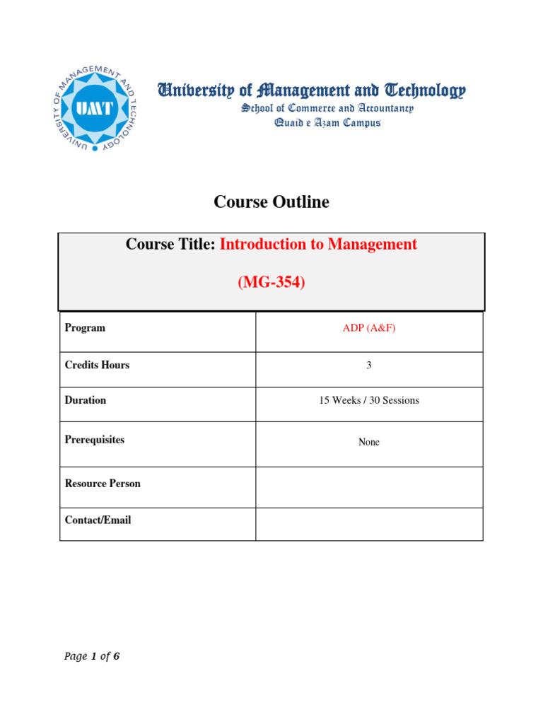 Introduction to Management Course Outline | PDF | Leadership | Social ...